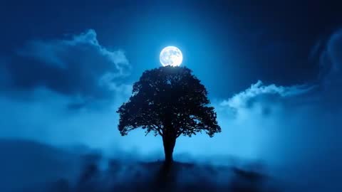 Full Moon Rising Behind Tree Silhouette with Clouds and Mist