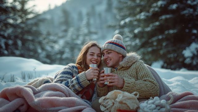 Young Couple Enjoying Hot Drinks in Winter Wonderland