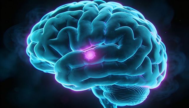 Neon Turquoise 3D Brain Render with Magenta Neural Focus Highlighting Cortex Activity