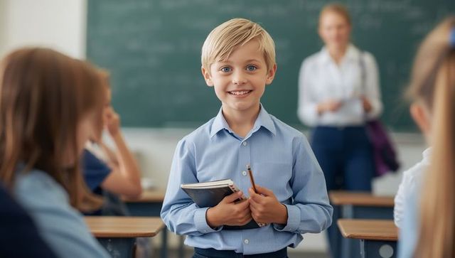 Young student holding notebook and pencil in classroom setting