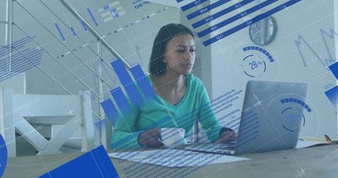 Woman Analyzing Financial Data on Laptop with Digital Overlay