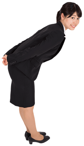 Happy asian businesswoman bending forward with transparent background