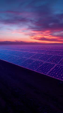Vertical video revealing neon-edged solar array at dusk with shimmering panel glints