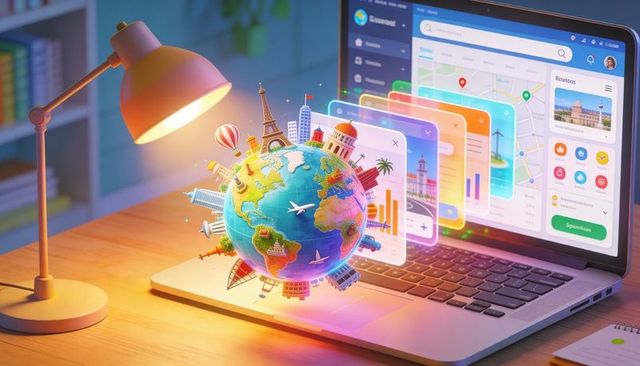 Interactive travel planning globe hovering over laptop showing map dashboard and ui cards