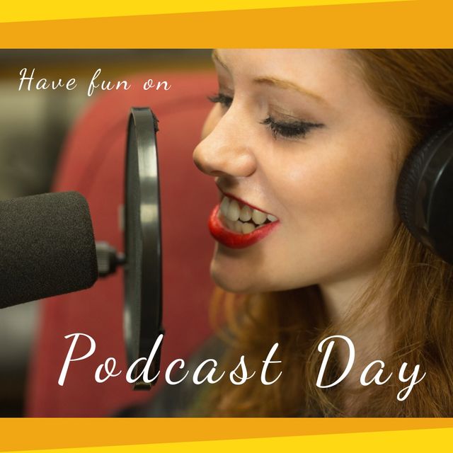 Composite of caucasian young woman recording podcast in studio and have fun on podcast day text. Microphone, broadcasting, communication, media and technology concept.