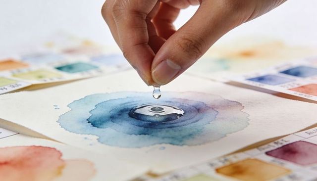 Hand pinching water droplet creating blue watercolor bloom on paper with palette swatches