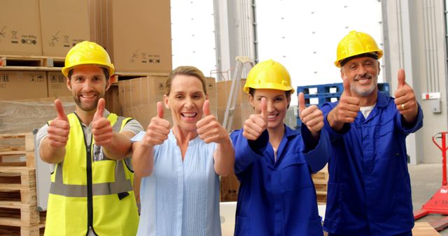 Four warehouse workers in safety gear give thumbs up, expressing positivity and teamwork. Ideal for themes on workplace safety, team spirit, and efficiency in industrial settings. Useful for employment ads, safety training materials, and teamwork presentations.