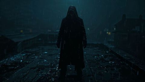 Hooded assassin figure in dark coat standing on rainy city rooftop at night