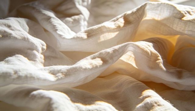 Glowing cream linen catching warm window light, soft folds and visible weave texture
