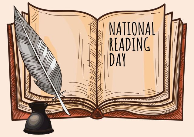 This illustration is great for promoting National Reading Day events, educational programs, and reading initiatives. It features a vintage-themed open book with handwritten text, accompanied by a quill and ink bottle, evoking a sense of nostalgia and love for literature.