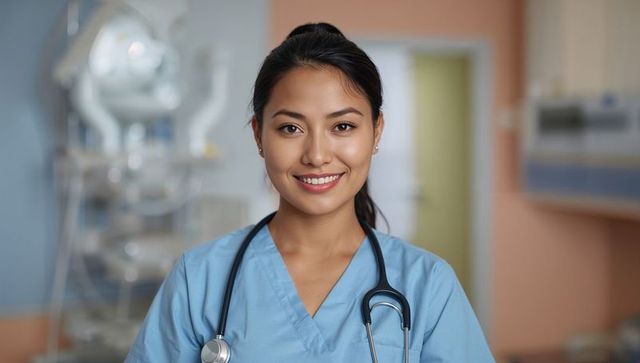 Smiling nurse in light blue scrubs with stethoscope headshot conveying warmth and trust