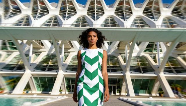 Model walking toward camera in green chevron dress at futuristic honeycomb architecture