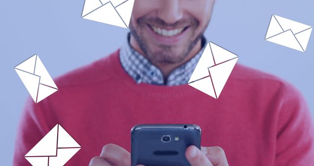 Man Smiling While Receiving Emails on Smartphone - Download Free Stock Images Pikwizard.com