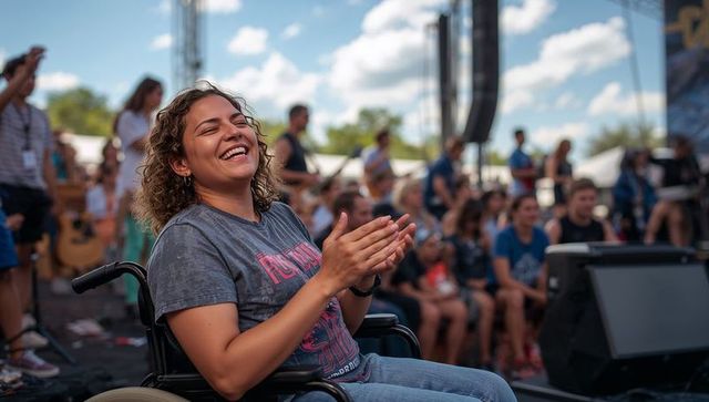 Joyful woman in wheelchair clapping at outdoor music festival celebrating inclusion