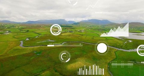 Surveying rolling farmland using hud analytics overlay across patchwork green fields
