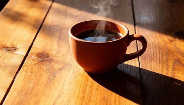 Steaming clay mug of black coffee on sunlit wooden table with warm shadow