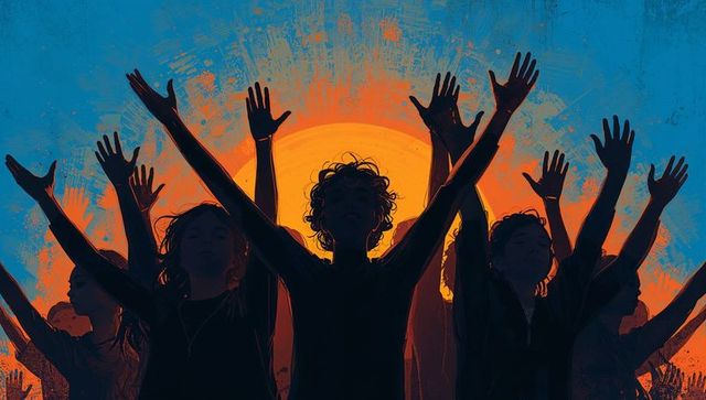 Youth silhouettes raising hands toward glowing sun halo at dusk celebrating unity and hope