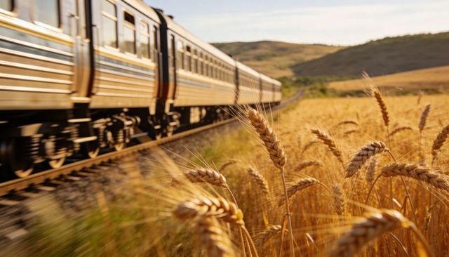 Silver passenger train rushing past swaying golden wheat field in sunlit countryside