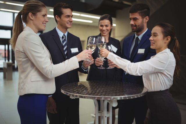 Group of businesspeople celebrating success by toasting with champagne in an office environment. Ideal for use in corporate communications, business success stories, team-building promotions, and professional networking event advertisements.