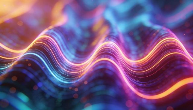 Neon Wave Ribbons Flowing Across Abstract Digital Landscape with Glowing Light Trails