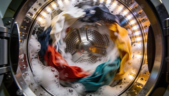 Spinning front-load washing drum swirling colorful laundry in soapy suds and bubbles