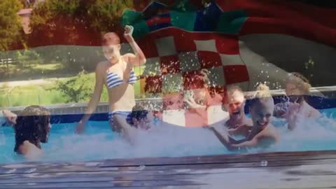 Joyful Pool Party with Croatian Flag Overlay in Summer