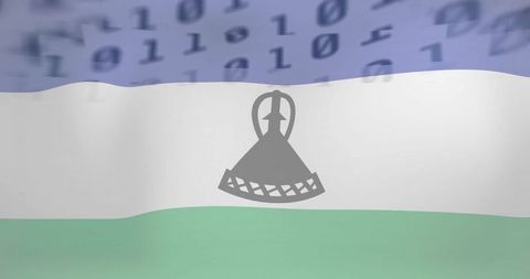 Lesotho Flag with Digital Binary Overlay and Mokorotlo Symbol