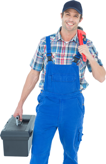 Smiling Plumber Holding Toolbox and Monkey Wrench on Transparent Background - Download Free Stock Videos Pikwizard.com