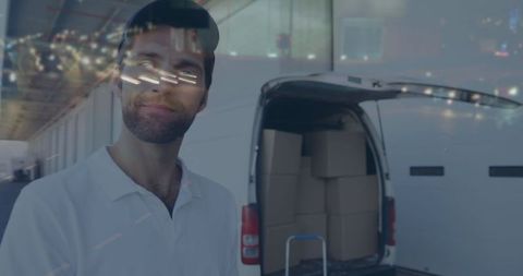 Double exposure of delivery man with van and city traffic