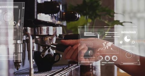 Barista Using Espresso Machine with Futuristic Data Overlays