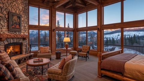 Cozy mountain lodge interior glowing with stone fireplace and panoramic snowy windows