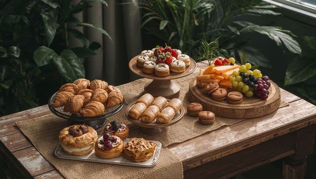 Sunlit Rustic Brunch Spread with Croissants, Pastries and Fruit Platter on Wooden Table