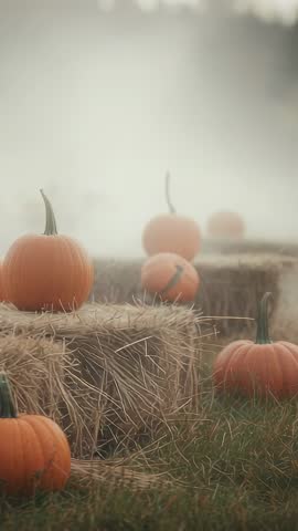 Tilting camera revealing orange pumpkins on hay bales in misty autumn field