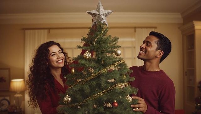 Couple Decorating Christmas Tree in Festive Living Room Ambience