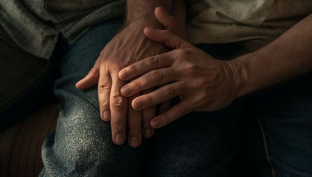 Holding hands on jeans lap conveying tenderness, support and emotional connection