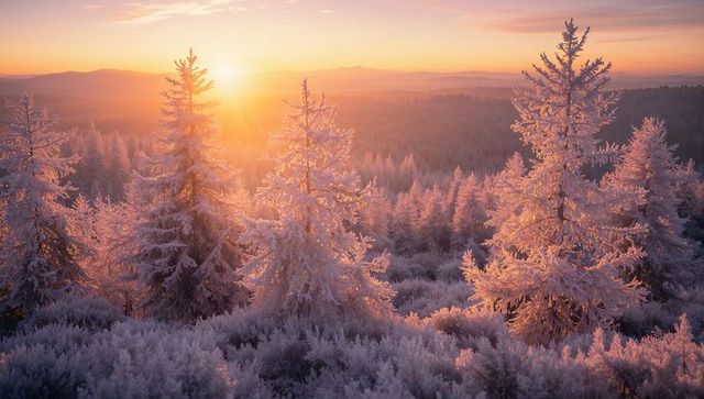 Sunrise bathing frost-covered conifers in pink-gold light on snowy hill and misty valley