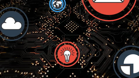 Tech Icons Over Cyber Circuitry Background in Digital Animation
