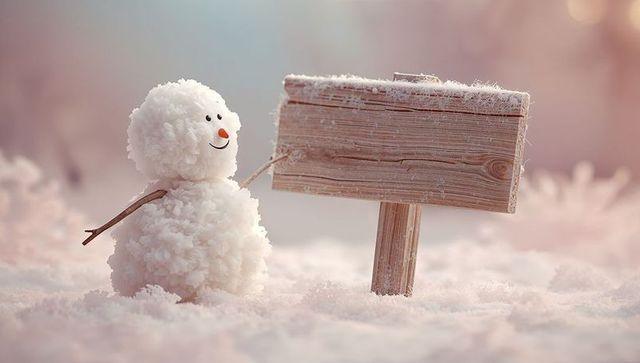 Cheerful Snowman with Wooden Signpost in Snowy Field