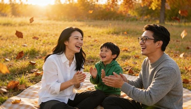 Laughing family clapping on checkered picnic blanket in golden autumn sunlight