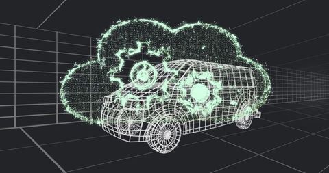 Wireframe van connecting to neon cloud gears in virtual grid for fleet telematics