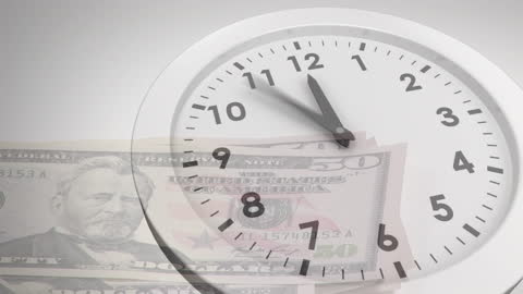 Conceptual Animation: Clock Ticking Over US Dollar Bills
