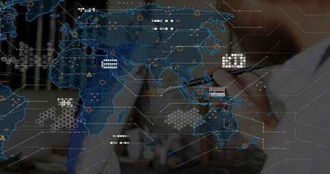 Pointing stylus over holographic global network map for business collaboration and analytics