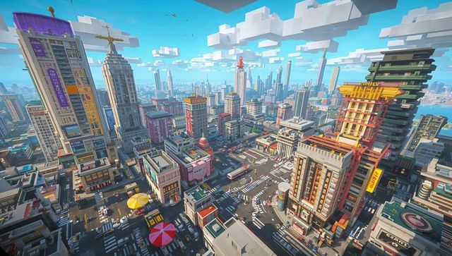 Futuristic voxel metropolis aerial view showing busy intersection and waterfront skyline