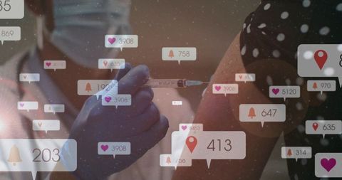 Nurse administering vaccine with social media notification overlay showing public buzz