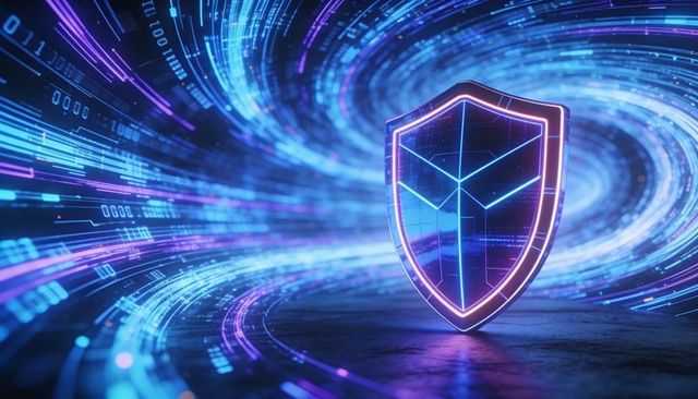 Neon Shield Protecting Data Stream in Futuristic Cybersecurity Vortex