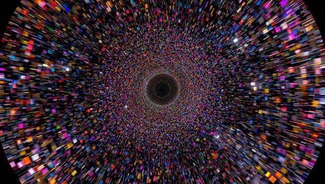Spinning neon data vortex receding toward dark digital tunnel pixelated concentric rings