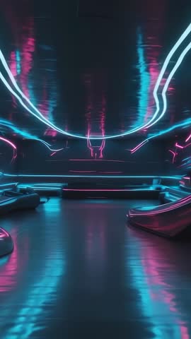 Gliding through neon corridor in cyberpunk loop with reflective bench pods