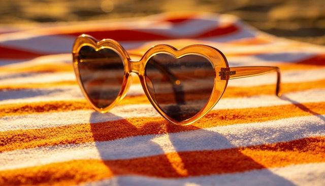 Amber heart-shaped sunglasses resting on orange-white striped beach towel at golden hour