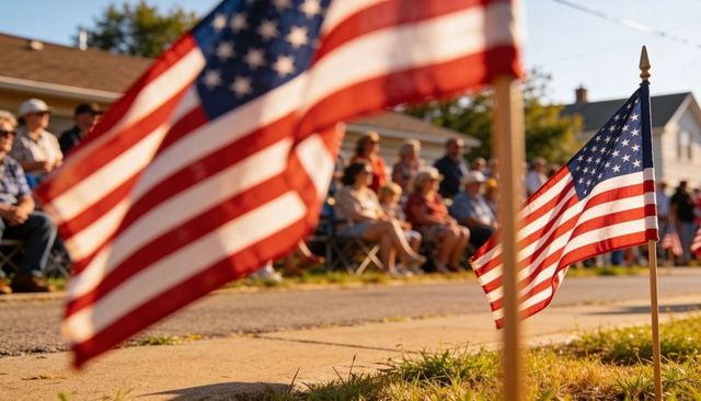 Small american flags waving at neighborhood parade with spectators on folding chairs