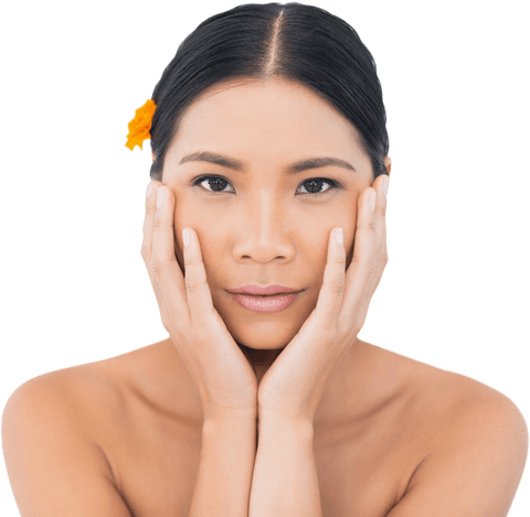 Elegant woman gently touching face on transparent background